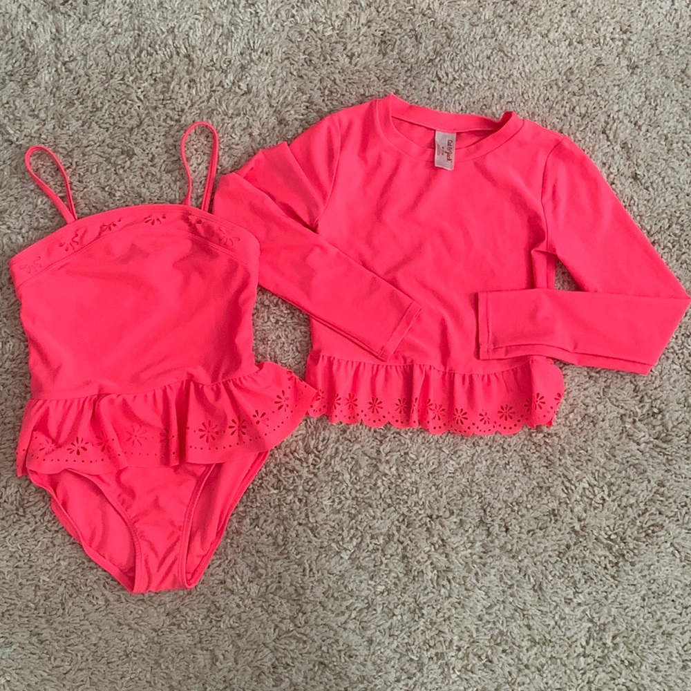 Girls Pink One Piece and Rash Guard